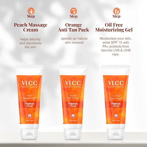 Vista 6 de VLCC Kit facial de fruta de papaya – Multiuso Facial como salón en solo 6 pasos Incluye limpiador, exfoliante, crema, paquete facial, geles