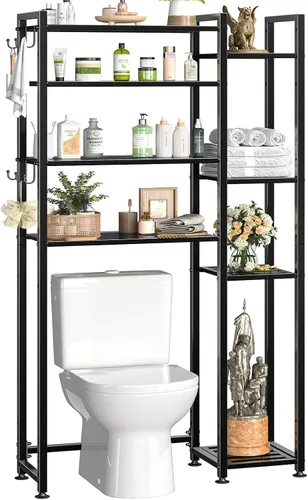 Vista 11 de Simple Trending Estante de almacenamiento sobre el inodoro, estante organizador de baño de metal de 3 niveles con soporte para papel y 3 ganchos