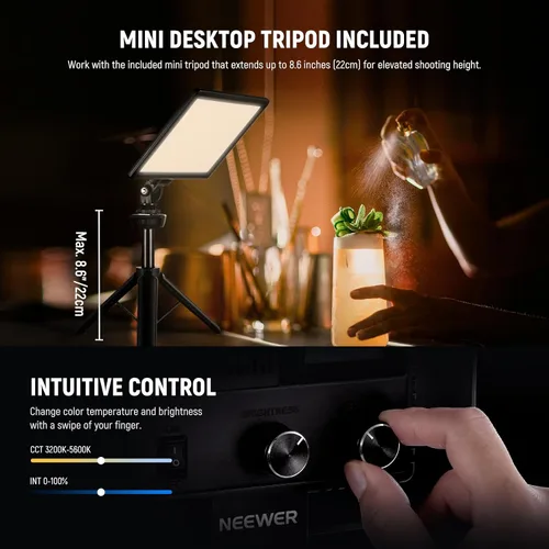 Vista 5 de NEEWER Panel de luz de video LED de 9" regulable con iluminación suave para cámara DSLR con mini trípode de escritorio, puertos USB tipo C