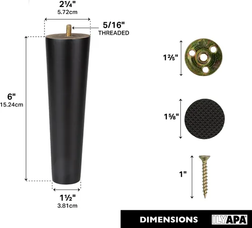 Vista 3 de Ilyapa Pies de madera para muebles, juego de 4 muebles cónicos de repuesto de madera negra de 6 pulgadas, patas de mesa auxiliar para sofás, sillas