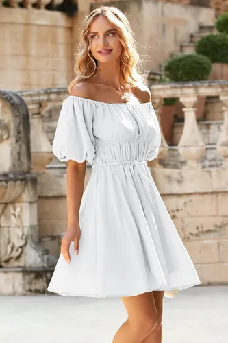 Vista 7 de PRETTYGARDEN Vestido babydoll con hombros descubiertos para mujer, manga corta abombada, casual, acampanado, con volantes, vestidos de verano