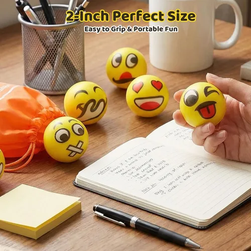 Vista 3 de LovesTown Mini bolas antiestrés, 36 bolas de 2 pulgadas con cara sonriente para apretar, color amarillo, divertidas, de espuma, juguetes