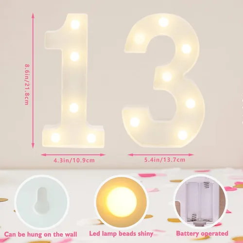 Vista 2 de Números Decorativos con Luces LED, Decoraciones de Cumpleaños número 13, Luces de Números LED Blanco Cálido, Letrero de Número de Marquesina