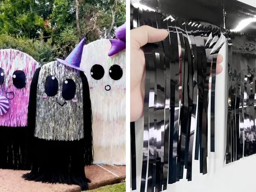 Vista 4 de Paquete de 4 Negro Total 40 Pies Guirnalda de Flecos de Papel Aluminio Pancarta Metálica de Oropel Cortinas Colgantes de Pared Decoraciones de Falda