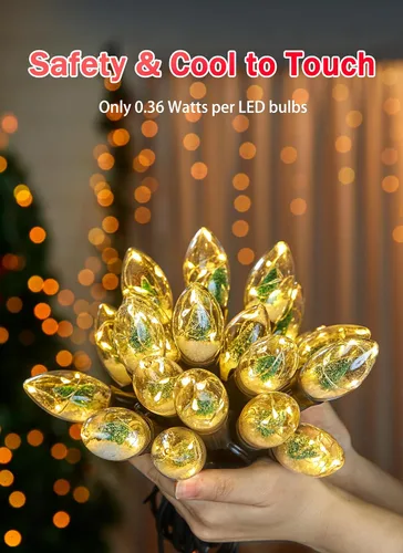 Vista 4 de Luces LED de Navidad C9 para exteriores, cadena de luces C9 de 25 pies con 20 bombillas LED inastillables, 3 modos de luz, luces de árbol de Navidad