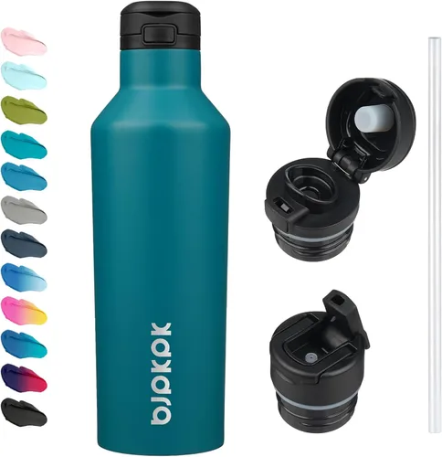 Vista 12 de BJPKPK Botella de agua aislada con pajilla, botellas de agua de acero inoxidable de 17 onzas con 2 tapas y asa de transporte, botella térmica