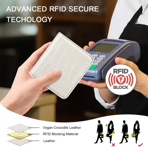 Vista 5 de Billetera para mujer, pequeña, plegable, para tarjetas de crédito, con bloqueo Rfid, de lujo, piel sintética, de cocodrilo, monedero pequeño