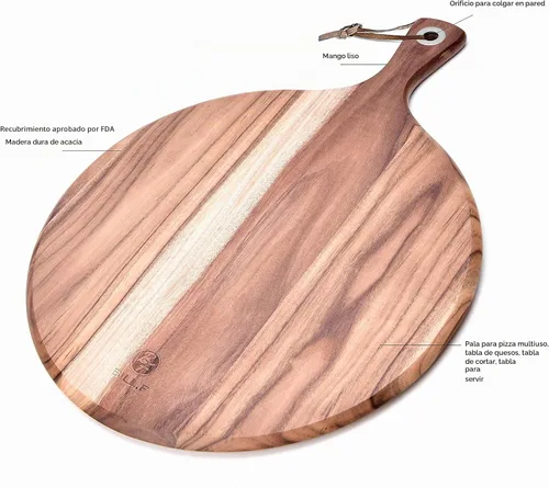 Vista 2 de BILL.F Pala para Pizza de Madera de Acacia, Tabla de Cortar de 10", Tabla de Paddle para Queso, Bandeja de Pan y Galletas para Servir y Preparación