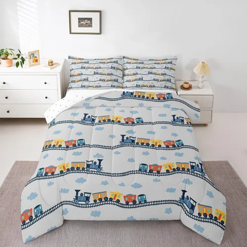 Vista 7 de Erosebridal Juego de edredón de tren de locomotora para niños, tamaño individual, lindo juego de ropa de cama con motor de vapor para niños y niñas