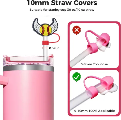 Vista 2 de 6 piezas de cubiertas de popote de béisbol para vasos Stanley – Lindas tapas reutilizables de silicona de 10 mm para vasos de 30 oz/40 oz con asa