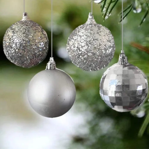 Vista 3 de Adornos de bola de Navidad – 32 adornos plateados – Decoración navideña inastillable – Bolas colgantes – Cuatro acabados – Brillante, Brillante