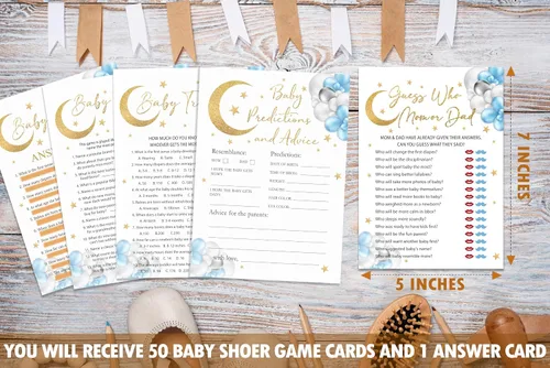 Vista 4 de Moon Stars - Juego de juegos para baby shower, 4 juegos que incluye trivias, peleas de baby shower, predicciones y consejos, encuentra quién mamá
