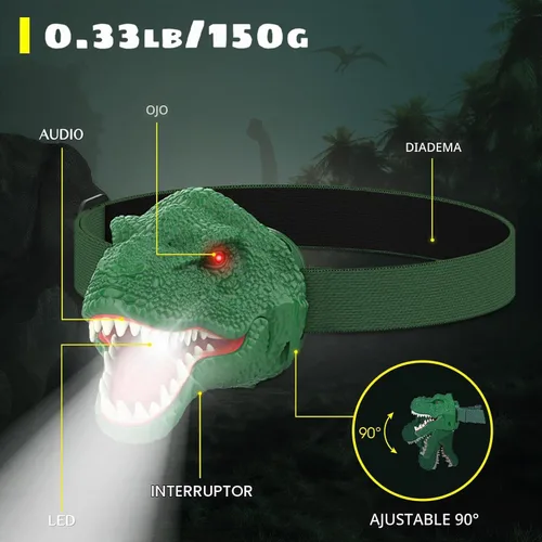 Vista 6 de Dysaim Linterna Frontal de Dinosaurio para Niños Linterna Equipo de Campamento al Aire Libre Lámpara Frontal LED de Lectura, Accesorios