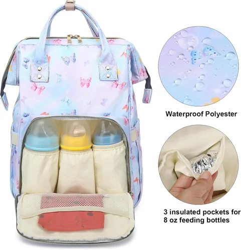 Vista 2 de Mochila para pañales de bebé con diseño de mariposa para niñas y niños, impermeable, grande, para mamá