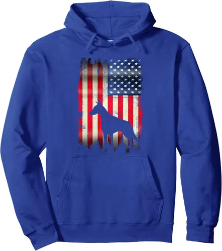 Vista 4 de Sudadera con capucha y divertida bandera de Estados Unidos de Doberman, Negro