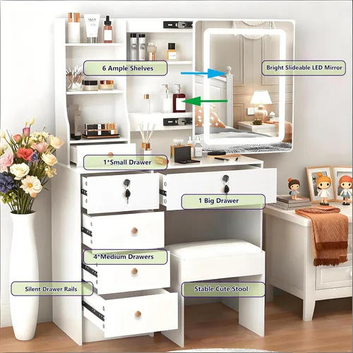 Vista 3 de Tocador blanco escritorio de maquillaje w/LED espejo deslizante taburete tocador tocador tocador