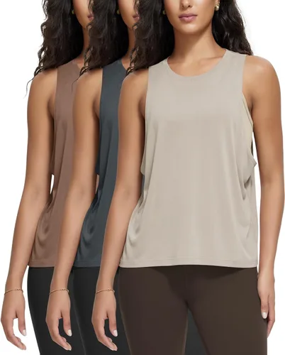 Vista 9 de ODODOS Paquete de 3 camisetas sin mangas sueltas para mujer, camisetas sin mangas para gimnasio, atletismo, entrenamiento, camisetas de yoga