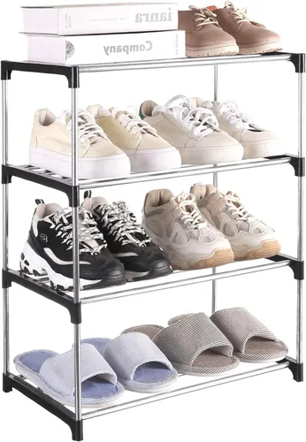 Vista 9 de Zapatero pequeño, organizador de estantes de zapatos estrechos apilables para entrada, puerta y armario del dormitorio (3 niveles, negro)