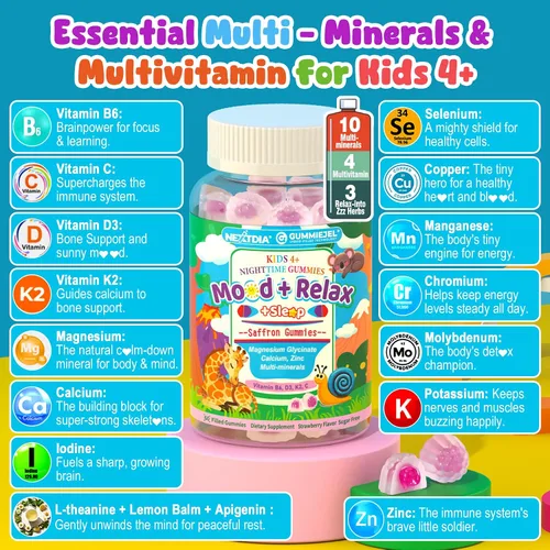 Vista 7 de Gomitas para dormir con magnesio + azafrán para niños, gomitas relajantes rellenas, calcio y zinc, minerales + multivitamínicos, sin melatonina