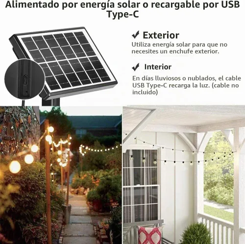 Vista 4 de SUNTHIN Tira de luces solares de 50 pies, luces solares recargables por USB para exteriores con 24 bombillas LED G40 impermeables e inastillables