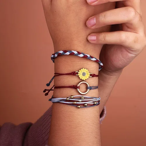 Vista 3 de Pulsera de cuerda trenzada hecha a mano con diseño de girasol para adolescentes y mujeres