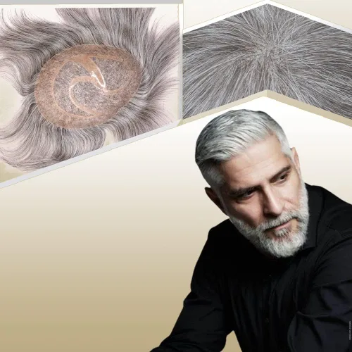 Vista 22 de Toupee para hombres sistemas de reemplazo de cabello humano real europeo para hombres, postizos finos, centro de encaje, piel más gruesa, pieza