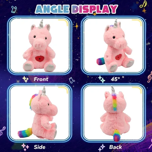 Vista 4 de Unicornio de peluche rosa con proyector de estrellas, musical, con volumen ajustable, luz nocturna, animales de peluche brillantes, juguetes