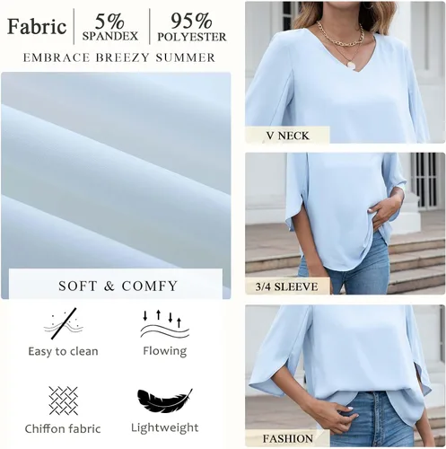 Vista 4 de TAOHUADAO Blusa de gasa con cuello en V y manga 34 para mujer