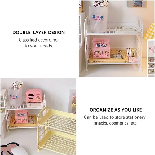 Vista 2 de organizador de escritorio para cosméticos y papelería, estante multifuncional de 2 niveles, organizador de maquillaje para cuidado de la piel