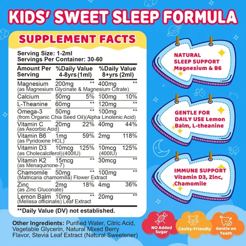 Vista 2 de Gotas líquidas de glicinato de magnesio para niños, con L-teanina, omega-3, vitaminas B6 y D3, zinc y calcio, para apoyo al sueño, relajación