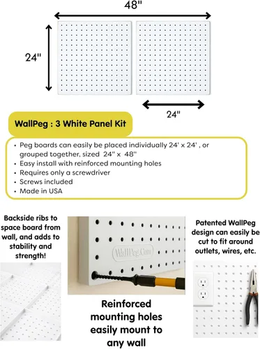 Vista 3 de WallPeg Kit de tablero de clavijas de plástico de 24 x 24 pulgadas (2, blanco)