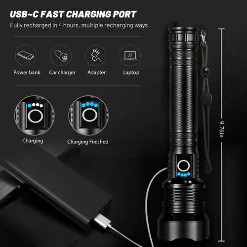 Vista 3 de Linternas recargables de 99,000 lúmenes, linterna LED súper brillante, altos lúmenes con cable USB, 5 modos, linterna impermeable, potente luz