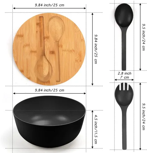 Vista 6 de ShineMe Juego de Ensaladera Negra, Ensaladera Grande de Fibra de Bambú de 9.8 pulgadas con Tapa y Utensilios (Cuchara y Tenedor), Tazón Sólido