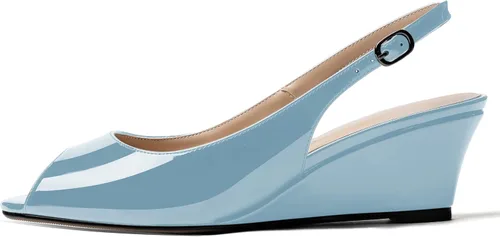 Vista 2 de WAYDERNS Zapatos de tacón bajo con hebilla de charol y punta abierta para mujer de 2 pulgadas
