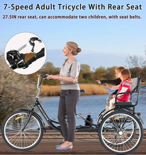Vista 6 de Triciclo para adultos de 7 velocidades, triciclo para adultos con asiento trasero para damas, bicicletas de 3 ruedas de 24 pulgadas, triciclo