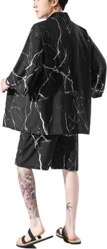 Vista 2 de Ambcol Men's Japanese Style Kimono Tops Shorts Sets Lightweight Casual 34 Sleeve Open Front Cardigan Suits