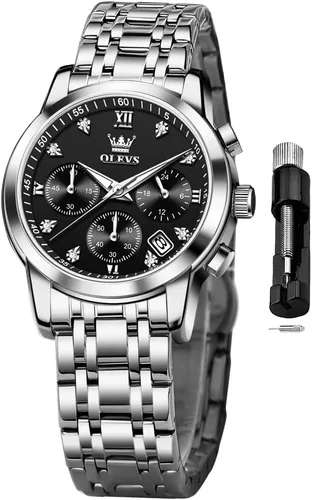 Vista 13 de OLEVS Reloj multifuncional de dos tonos para mujer, reloj analógico de cuarzo para mujer, de acero inoxidable, resistente al agua, con diamantes