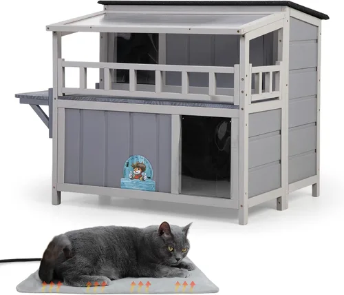 Vista 7 de Almohadilla de calefacción al aire libre para gatos, casa aislada con calefacción, refugio cálido para gatos con cama para mascotas con calefacción