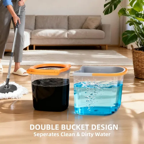 Vista 2 de Juego de trapeador giratorio y cubo, cubos dobles desmontables separan el agua sucia con escurridor de acero inoxidable para limpieza de suelos