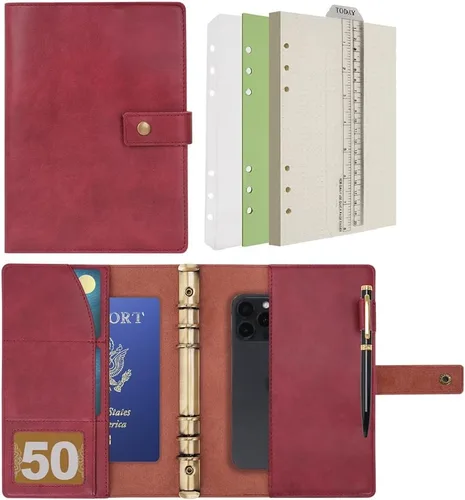 Vista 18 de WONDERPOOL Cuaderno de cuero recargable, cuaderno en espiral, carpeta de carpetas de diario A5 con puntos y bolsillos interiores para viajes, Marrón