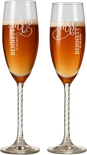 Vista 11 de Mr and Mrs - Juego de copas de champán con caja de madera grabada, elegantes copas de brindis de boda, regalo para novia y novio, compromiso