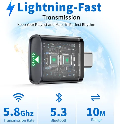 Vista 4 de Adaptador inalámbrico CarPlay para iPhone, convierte Apple CarPlay con cable de fábrica a inalámbrico, mini USB/USB-C CarPlay Dongle, reconexión