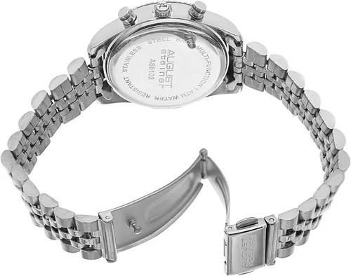 Vista 4 de August Steiner AS8103 - Reloj multifunción para mujer, 3 subesferas día, fecha y GMT - Bisel con bordes de monedas en pulsera de acero inoxidable