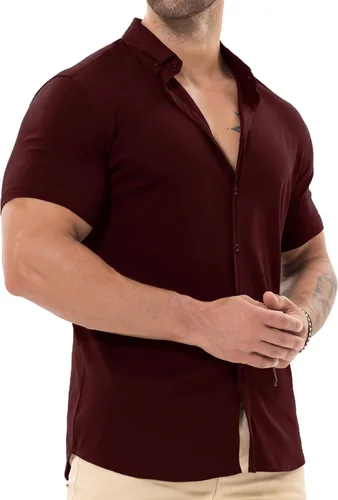 Vista 3 de Askdeer Camisas de ajuste muscular para hombre, sin arrugas, manga corta, casual, elástica, ajustada, con botones