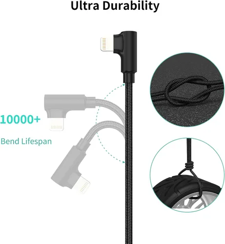 Vista 6 de Cable corto Lightning de 1 pie en ángulo recto, paquete de 3 cables de carga rápida USB a iPhone de 90 grados, compatible con Apple iPhone 13, 12