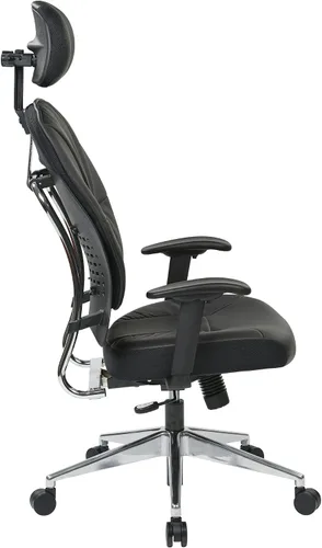 Vista 3 de Space Seating Asiento y respaldo de cuero ecológico, brazos ajustables y base de acabado de aluminio pulido, silla ejecutiva con reposacabezas