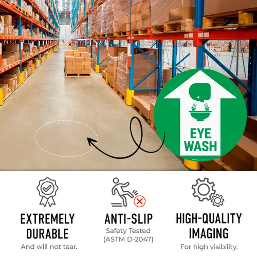 Vista 4 de Adhesivo adhesivo antideslizante para suelo de 10 x 10 pulgadas, diseño de lavado de ojos y gráfico, fabricado en Estados Unidos