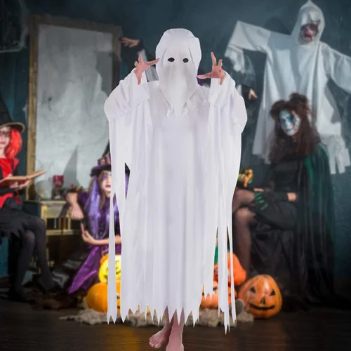 Vista 3 de Suppromo Disfraz de fantasma para adultos, mujeres y hombres, disfraz de fantasma blanco con capucha para Halloween, fiesta de cosplay, talla única