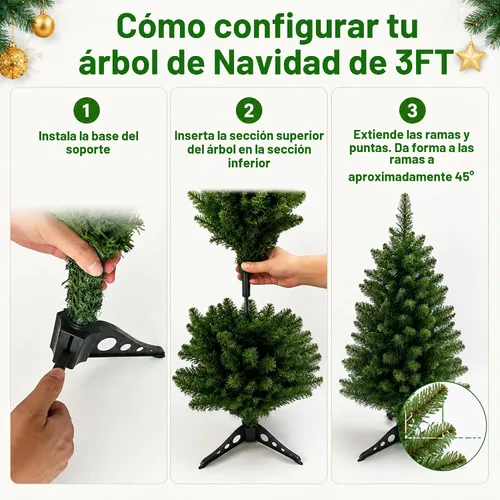 Vista 8 de Árbol de Navidad pequeño de 3 pies con luces, funciona con pilas Mini árbol de Navidad de mesa con base estable para el hogar, entrada, oficina