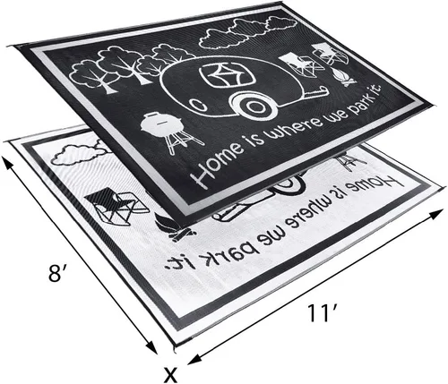Vista 2 de Stylish Camping Ming's Mark RH8111 - Tapete reversible para casa rodante, 8 x 11 pies, negro/blanco